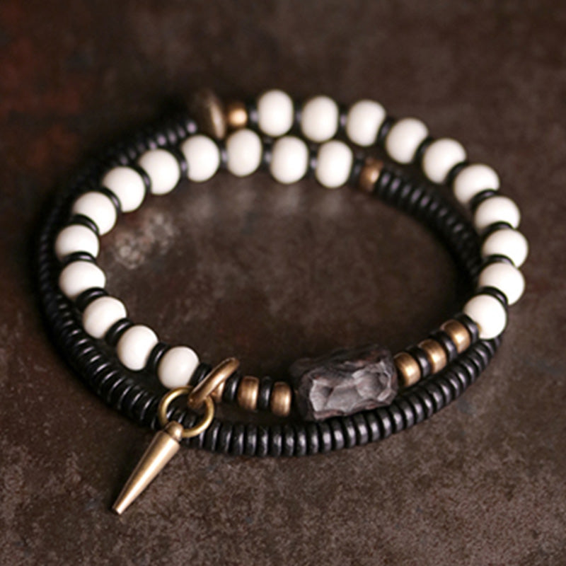 Karma Stone Yak Bone Ebony Wood Copper Strength Wooden Jewelry Couple Bracelet