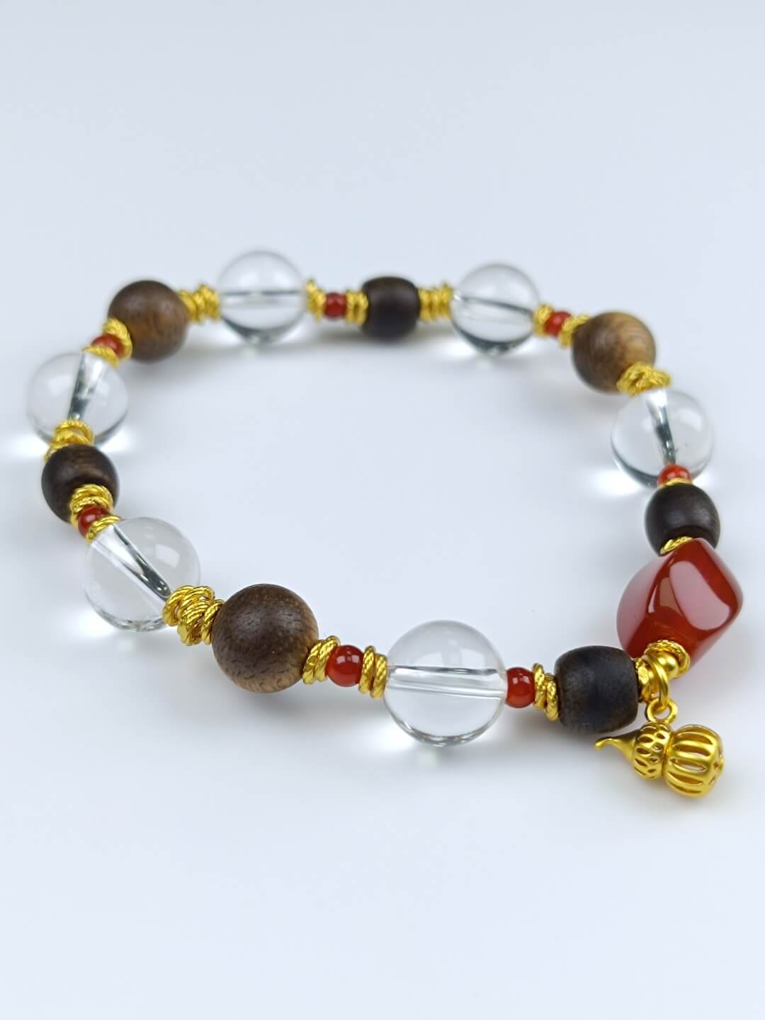 Karma Stone Bracelet 10mm Clear Quartz + Agarwood + Twisted Beads