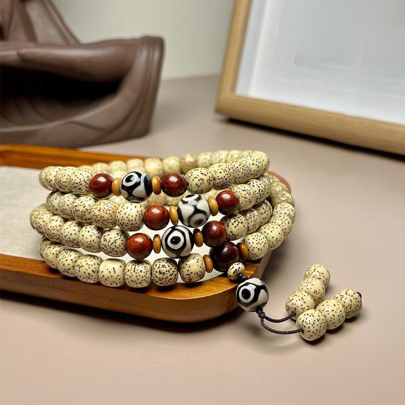 Karma Stone 108 wooden rosary bracelet, Bodhi seeds, Dzi beads, evil-avoiding bracelet