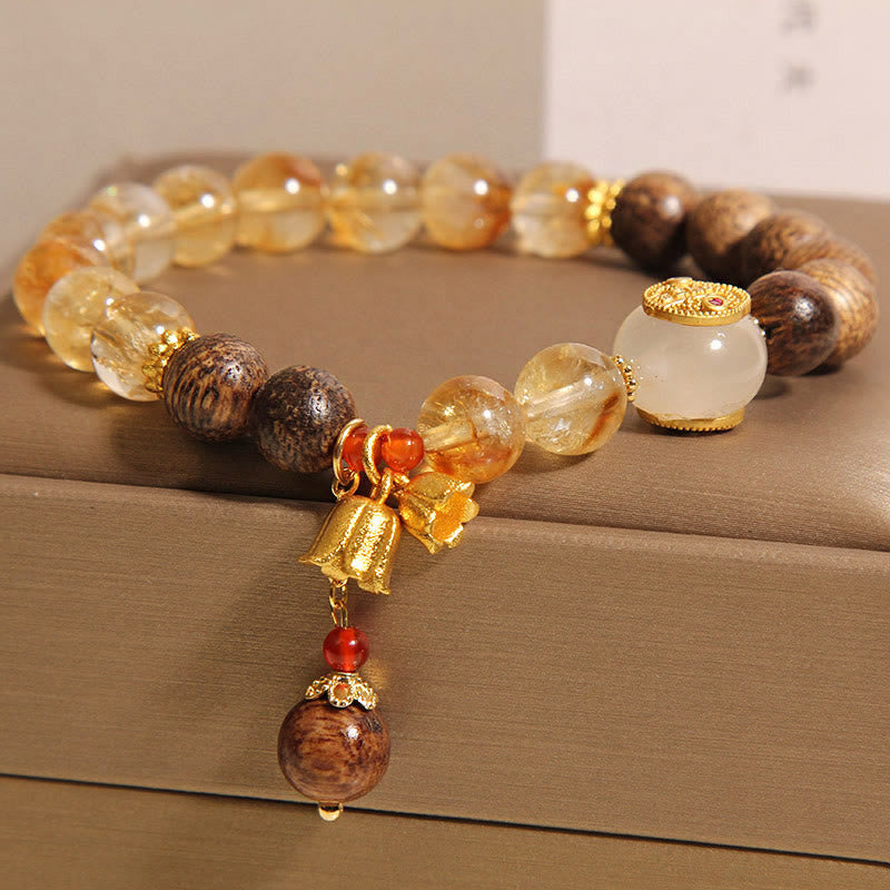 Karma Stone Citrine Agarwood Lily Of The Valley Five Directions Gods Of Wealth Wooden Beads Wristband Protection Bracelet
