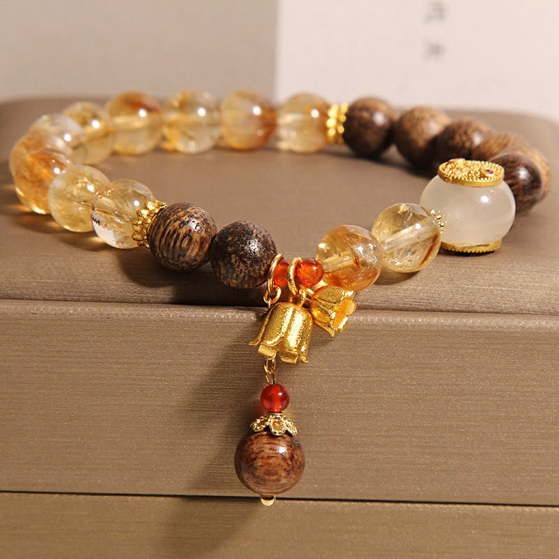 Karma Stone Citrine Agarwood Lily Of The Valley Five Directions Gods Of Wealth Wooden Beads Wristband Protection Bracelet