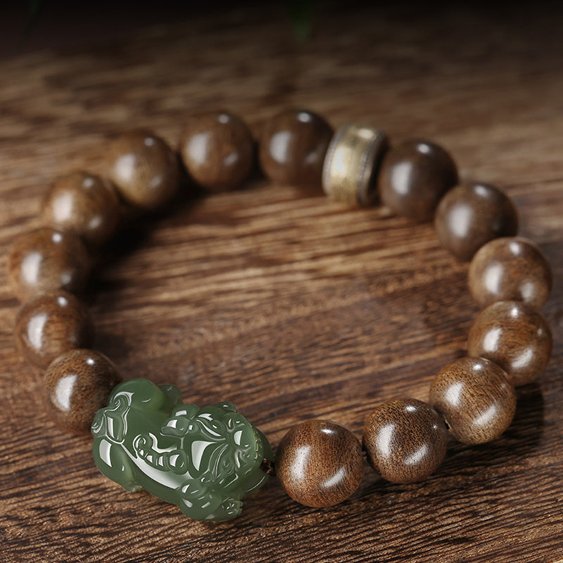 Karma Stone 925 Sterling Silver Brunei Agarwood PiXiu Jade Peace Strength Wooden Bead Bracelet