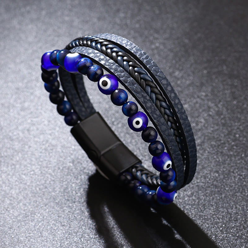 Karma Stone Tiger Eye Protection Beaded Multilayered Braided Evil Eye Bracelet For Men