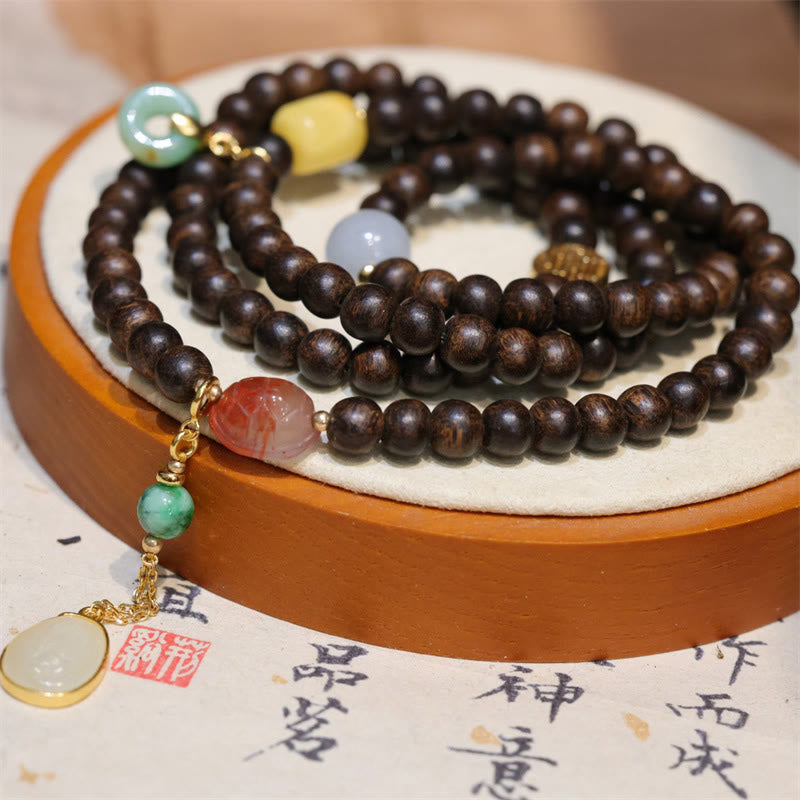 Karma Stone 108-Bead Wooden  Rosary Bracelet Brunei Agarwood, Amber, Red Agate, Peace Knot, Jade Peace Bracelet