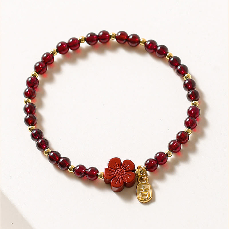 Karma Stone 14K Gold Natural Garnet Cinnabar Flower Calm Bracelet