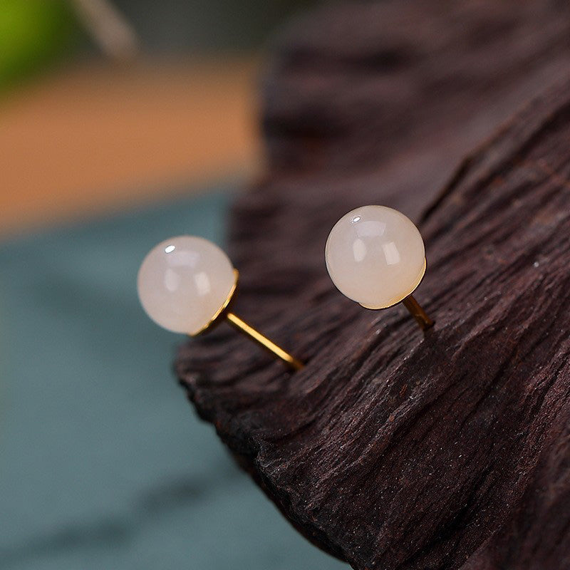 Karma Stone 925 Sterling Silver Round White Jade Blessing Stud Earrings