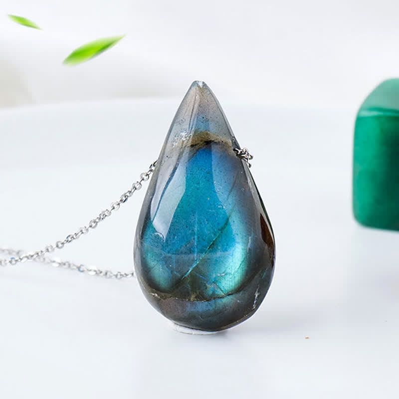 Karma Stone Labradorite Water Drop Support Healing Necklace Pendant