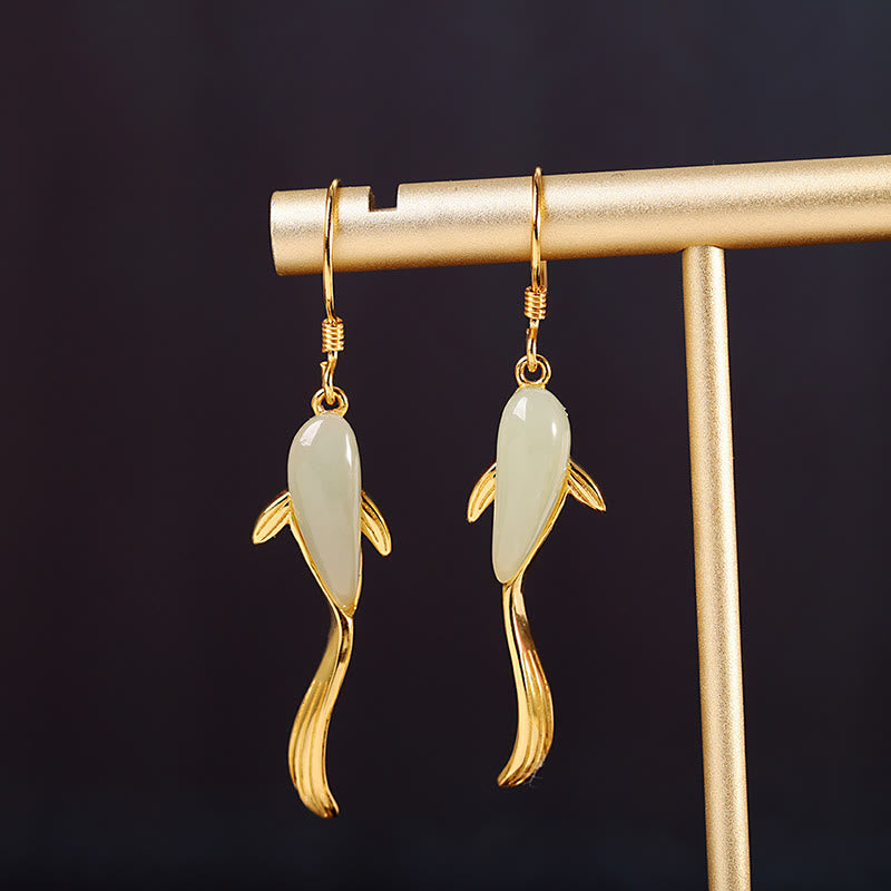 Karma Stone Fish Pattern Jade Luck Dangle Drop Earrings