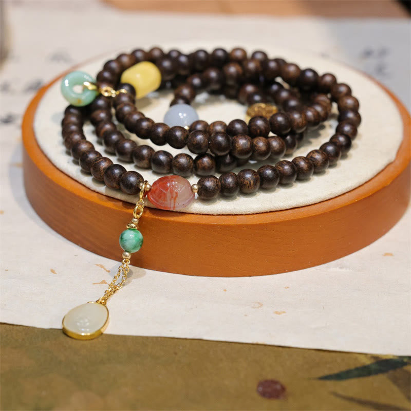 Karma Stone 108-Bead Wooden  Rosary Bracelet Brunei Agarwood, Amber, Red Agate, Peace Knot, Jade Peace Bracelet