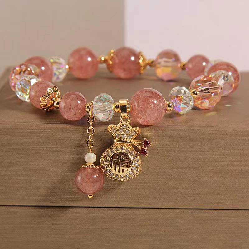 Karma Stone Natural Strawberry Quartz Crystal Money Bag Charm Positive Bracelet