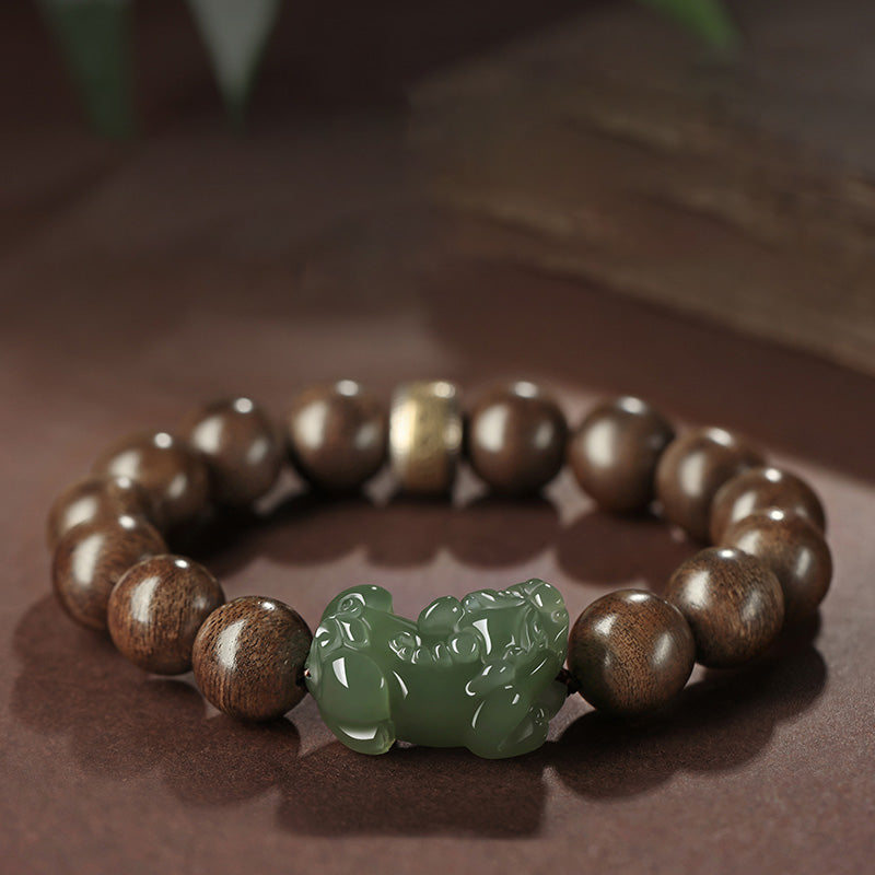 Karma Stone 925 Sterling Silver Brunei Agarwood PiXiu Jade Peace Strength Wooden Bead Bracelet