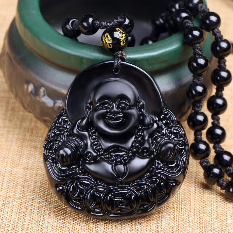Karma Stone Laughing Buddha Black Obsidian Strength Protection Pendant Necklace