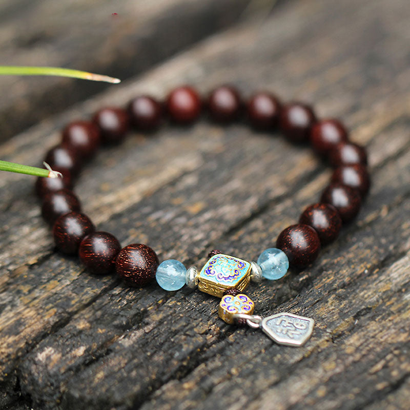 Karma Stone 925 Sterling Silver Small Leaf Red Sandalwood Aquamarine Chinese Knotting Blessing Wooden Bead Bracelet