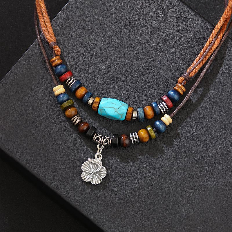 Karma Stone Turquoise Small Flower Protection Double Layer Necklace Pendant Bracelet