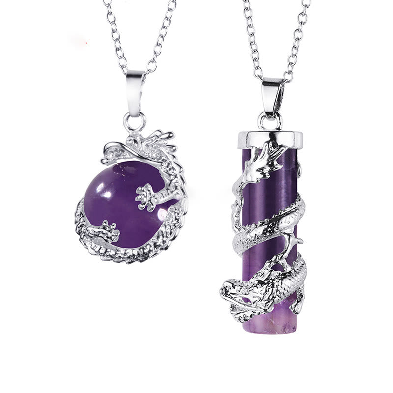 Karma Stone 2pc Dragon Wrapped Round Ball Gemstone Couple Necklace Pendant