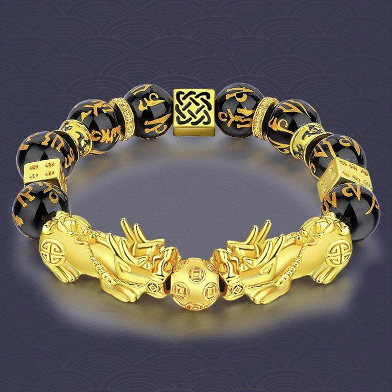 Karma Stone Double Pixiu Obsidian Six-Character Mantra Wealth Stone Bead Bracelets