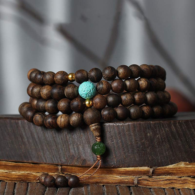 Karma Stone 108-Bead Wooden  Rosary Bracelet Nha Trang Agarwood Turquoise Prayer Bracelet