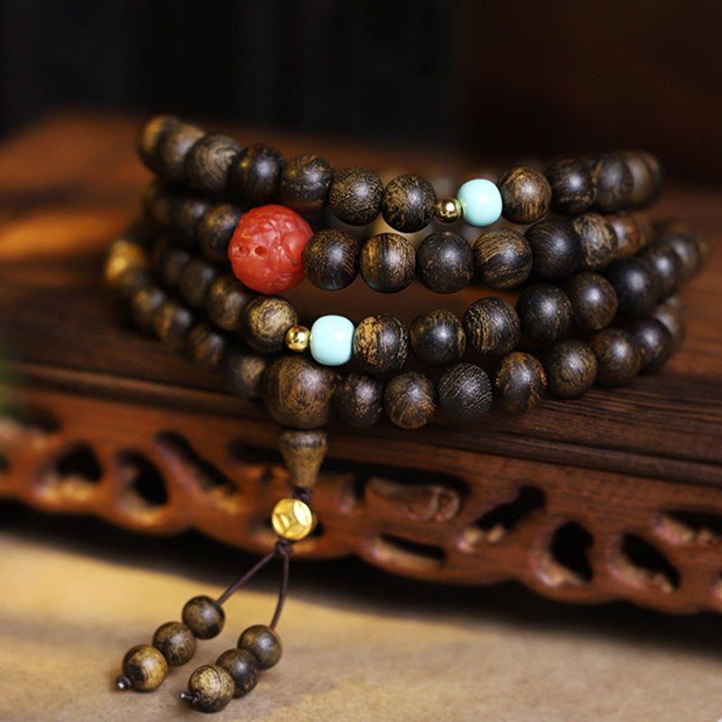 Karma Stone 108-Bead Wooden Rosary Bracelet Agarwood, Red Agate, Turquoise Peace Meditation Bracelet