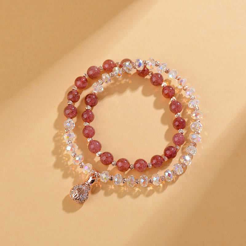 Karma Stone Strawberry Quartz White Crystal Money Bag Charm Positive Bracelet