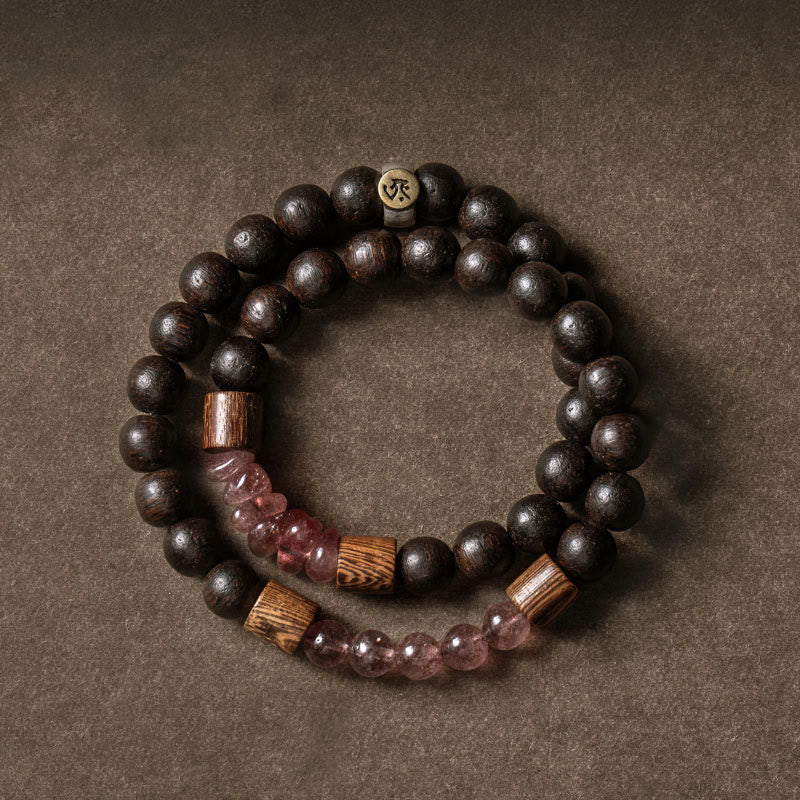 Karma Stone 925 Sterling Silver Chinese Zodiac Natal Buddha Agarwood Strawberry Quartz Peace Double Wrap China Lucky Bracelet