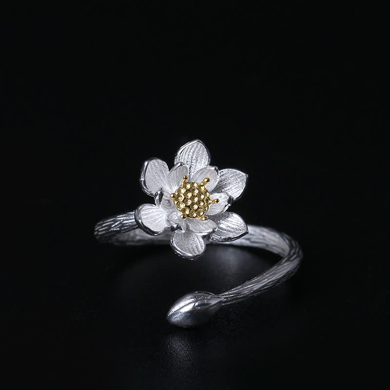 Karma Stone 925 Sterling Silver Lotus Flower Blessing Ring