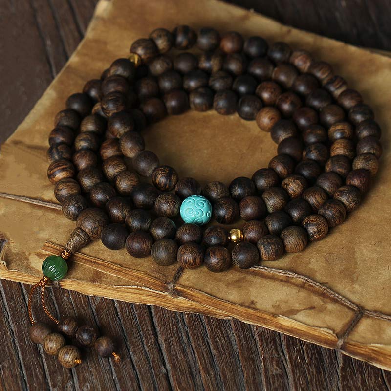 Karma Stone 108-Bead Wooden  Rosary Bracelet Nha Trang Agarwood Turquoise Prayer Bracelet