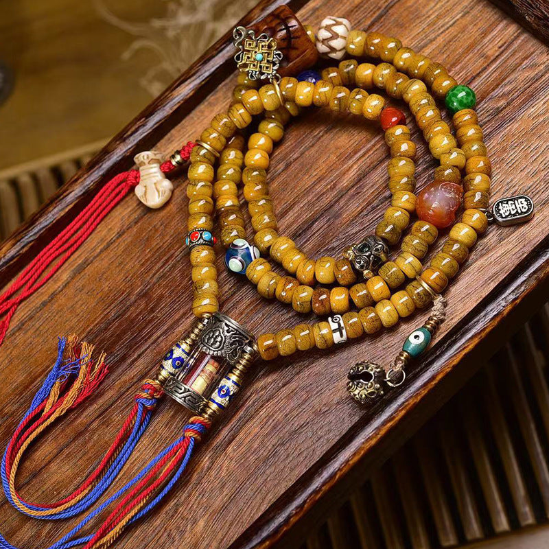 Karma Stone 108 Tibetan Yak Bone Bracelet Necklace with Vermillion Scripture and Gawu Box Pendant