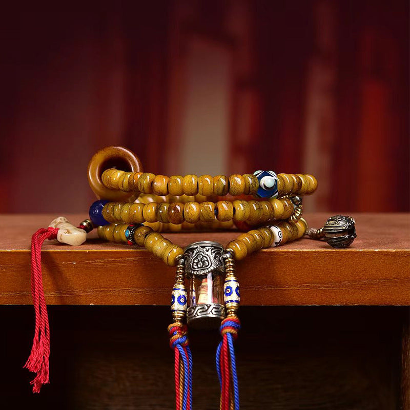 Karma Stone 108 Tibetan Yak Bone Bracelet Necklace with Vermillion Scripture and Gawu Box Pendant