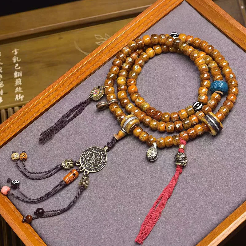 Karma Stone 108 Guardian Stone Tibetan Yak Bone Bracelet with Nine Squares and Bagua Symbols