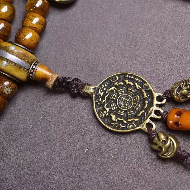 Karma Stone 108 Guardian Stone Tibetan Yak Bone Bracelet with Nine Squares and Bagua Symbols