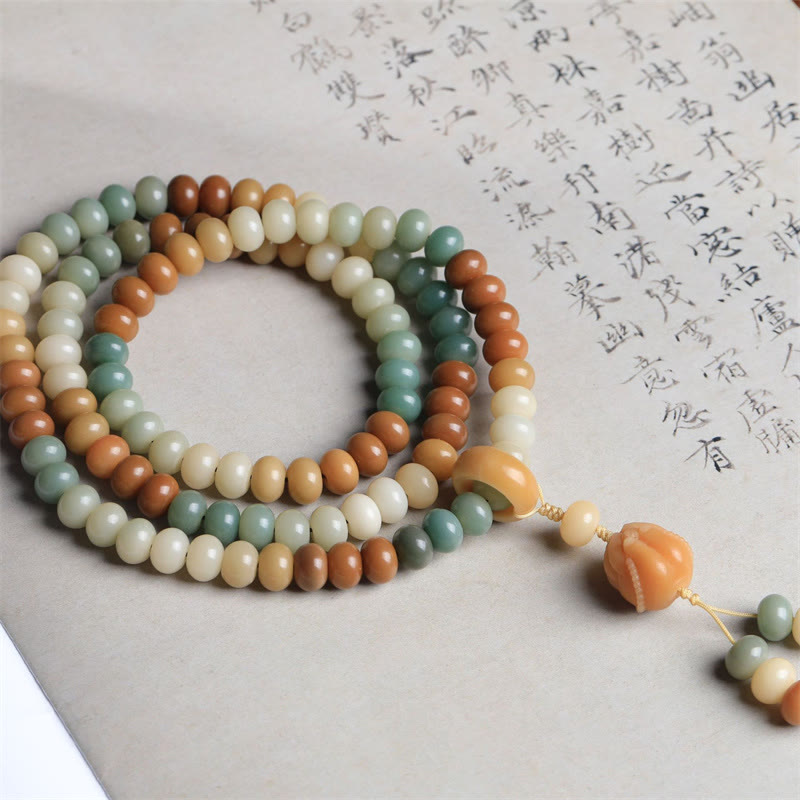 Karma Stone 108 Wooden Rosary Bracelet Bodhi Seed Hand Carved Peace Bracelet