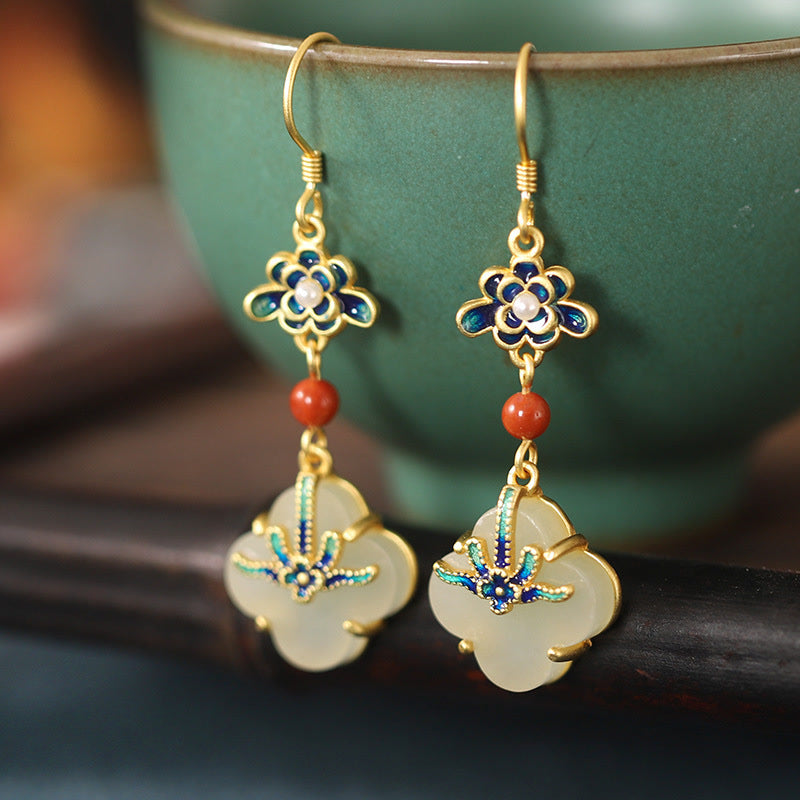 Karma Stone Lucky Four Leaf Clover Jade Abundance Copper Earrings
