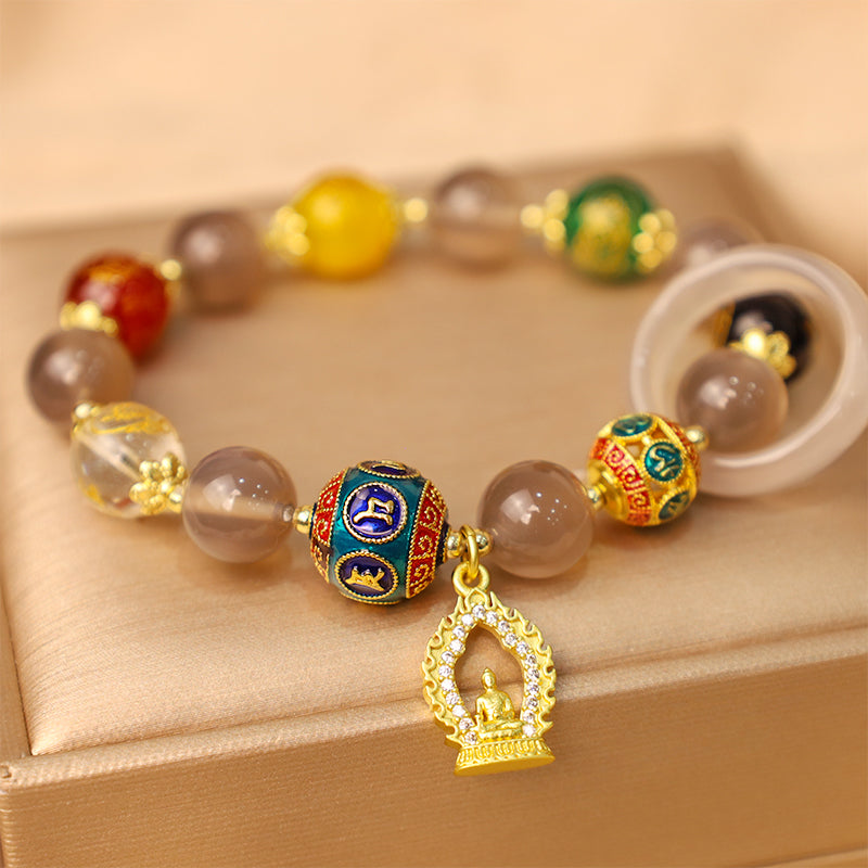 Karma Stone Natural Gray Agate Five Directions Gods of Wealth Om Mani Padme Hum Buddha Charm Bracelet