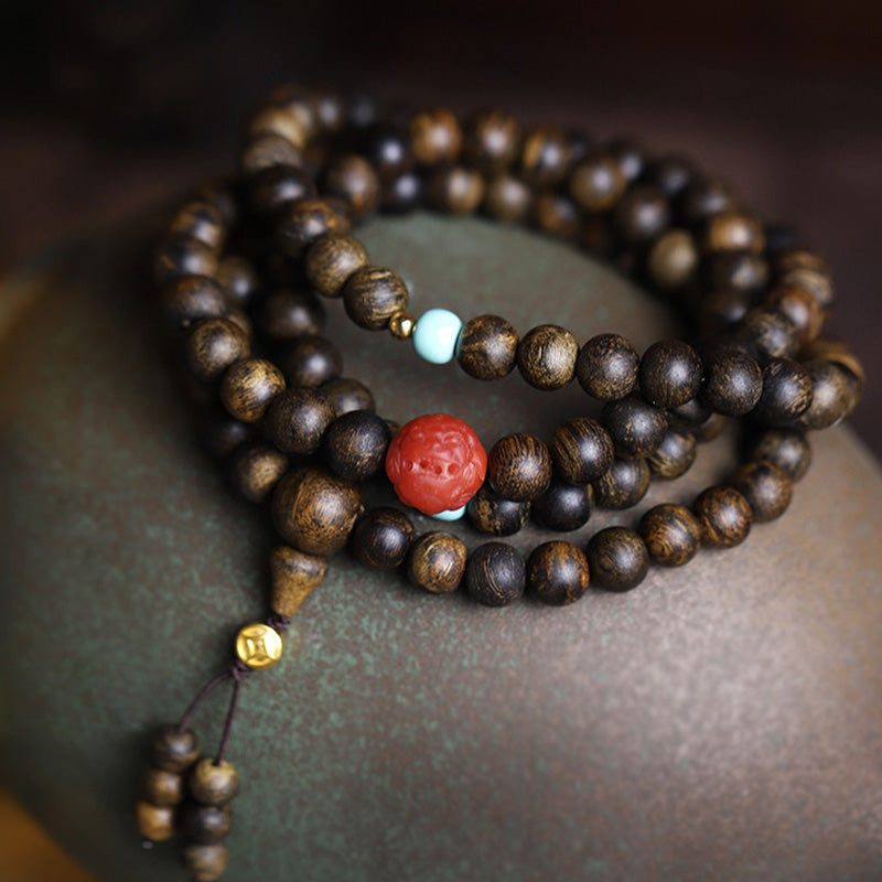 Karma Stone 108-Bead Wooden Rosary Bracelet Agarwood, Red Agate, Turquoise Peace Meditation Bracelet