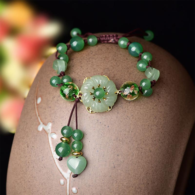 Karma Stone Natural Green Jade Luck Dangling Flower Bracelet