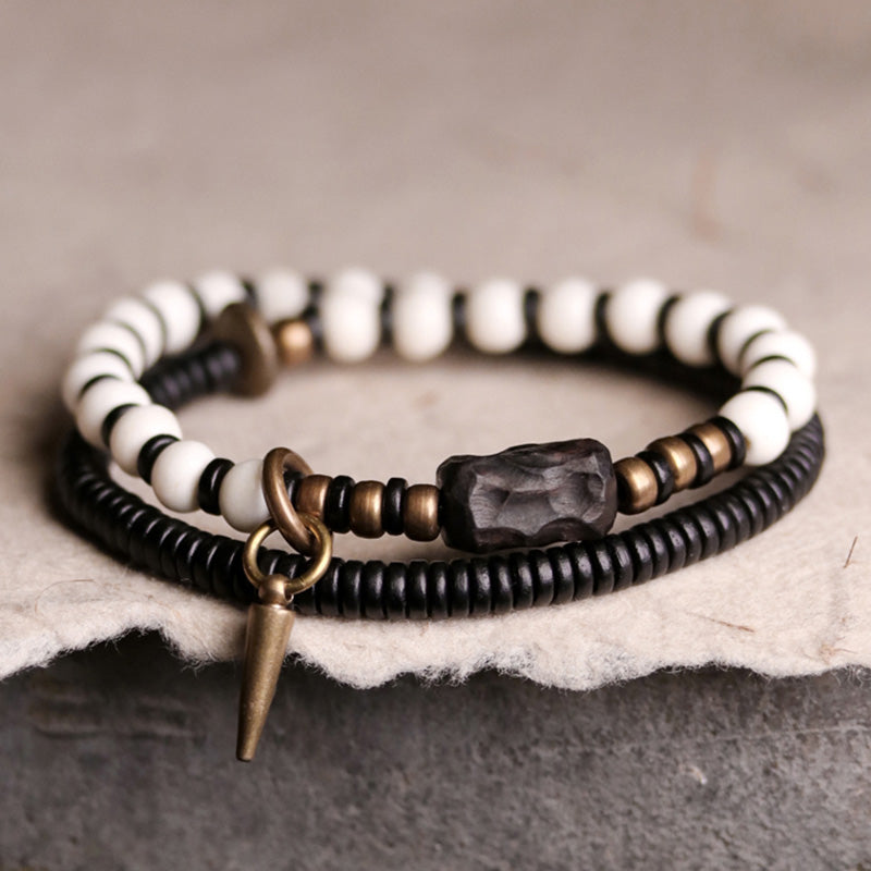 Karma Stone Yak Bone Ebony Wood Copper Strength Wooden Jewelry Couple Bracelet