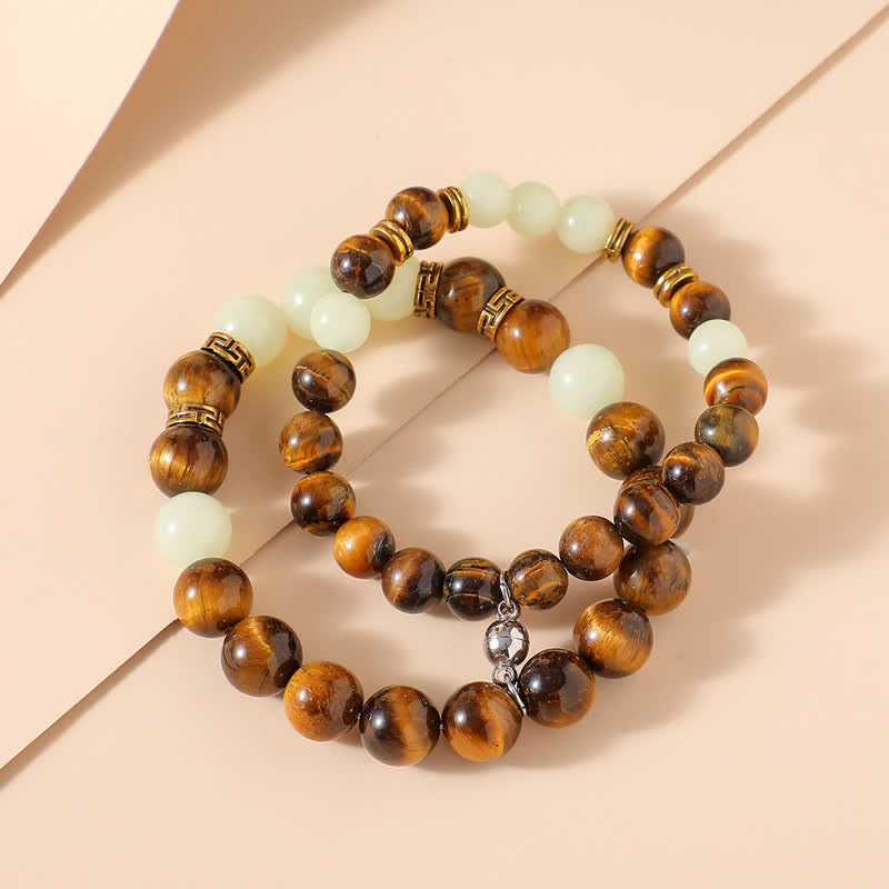 Karma Stone 2Pcs Tiger Eye Glowstone Luminous Bead Protection Couple Bracelet