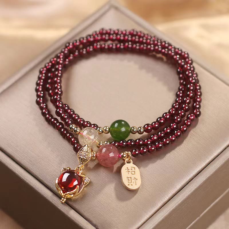 Karma Stone Natural Garnet Strawberry Quartz Crystal Fox Koi Fish Peace Buckle Fortune Protection Triple Wrap Bracelet