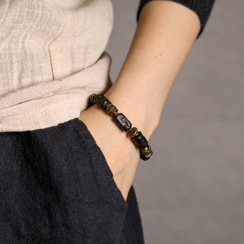 Karma Stone Tibetan Ebony Wood Copper Calm Peace Mens Wood Bracelets Spiritual Bracelets