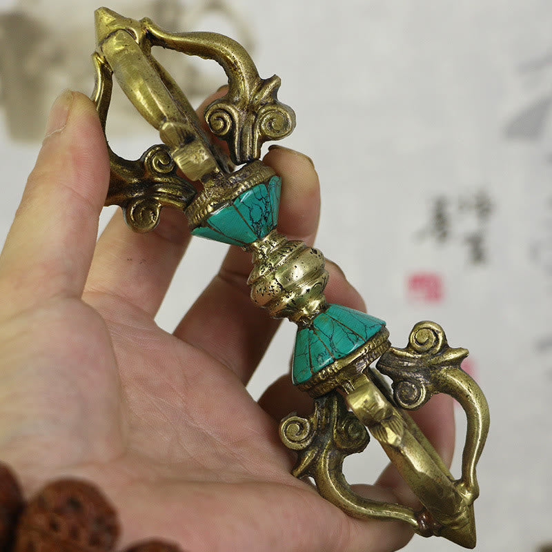 Karma Stone Tibetan Five Prong Vajra Dorje Handcrafted Nepal Spiritual Power Copper Decoration