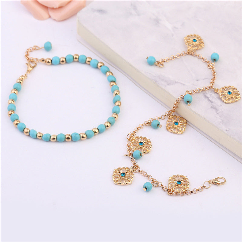Karma Stone 2Pcs Turquoise Stone Flower Protection Bracelet Anklet