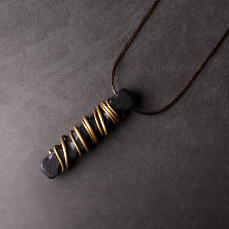 Karma Stone Tibet Ebony Wood Copper Balance Peace Necklace Pendant