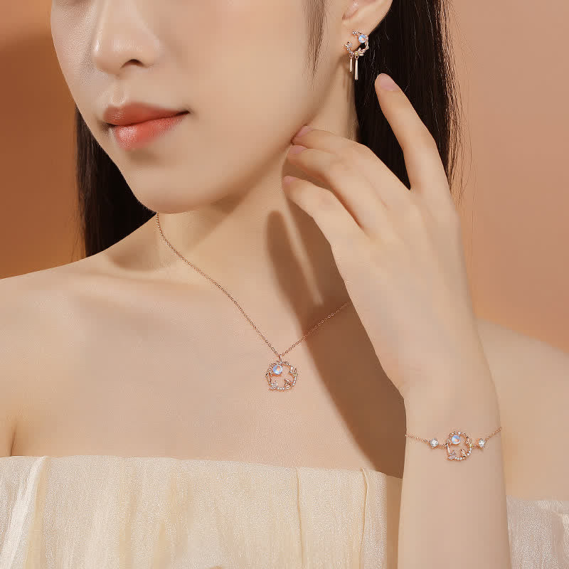 Karma Stone 925 Sterling Silver Moonstone Moon Flower Pattern Necklace Pendant Bracelet Earrings