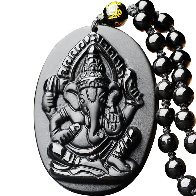 Karma Stone Tibetan Obsidian Ganesh Ganpati Elephant Wealth Amulet Necklace