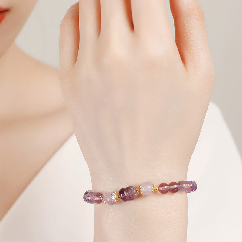 Karma Stone Aquamarine Strawberry Quartz Amethyst Moonstone PiXiu Healing Bracelet