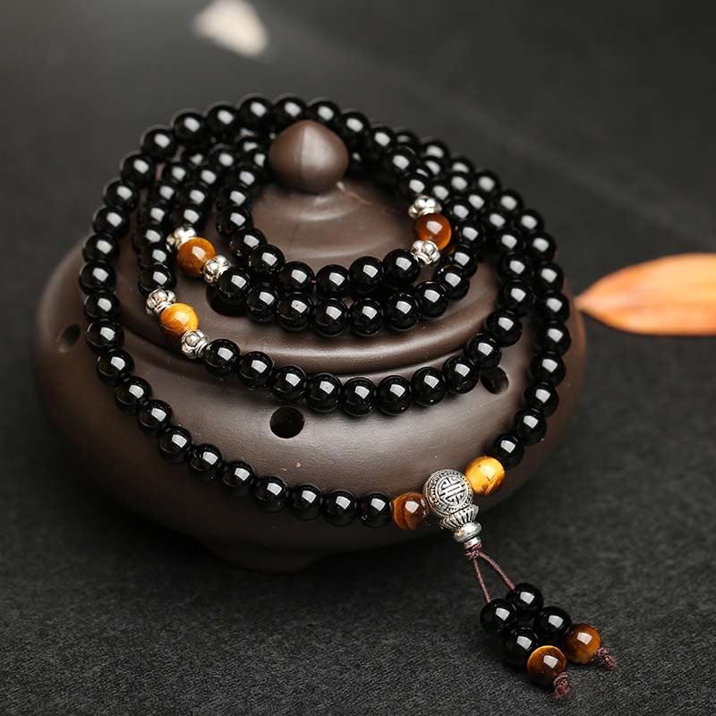 Karma Stone Black Obsidian Tiger Eye Blessing Mala Bracelet