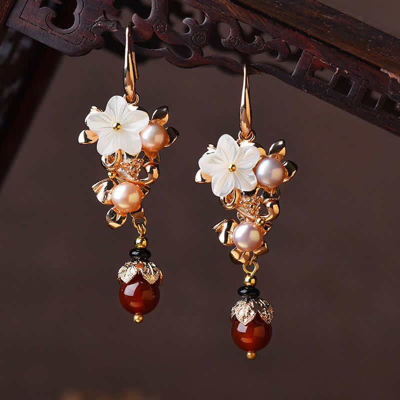 Karma Stone 14K Gold Plated Tridacna Stone Flower Pearl Green Aventurine Bead Drop Earrings
