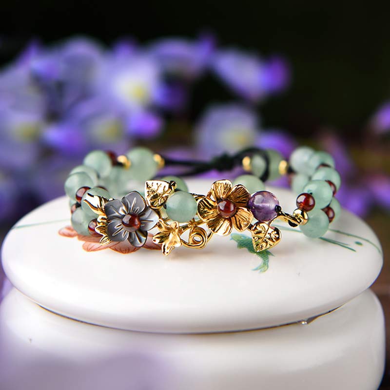 Karma Stone Green Aventurine Garnet Bead Flower Petal Luck Bracelet
