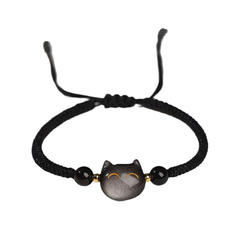 Karma Stone Handmade Natural Silver Sheen Obsidian Strawberry Quartz Cute Cat Protection Braided Bracelet