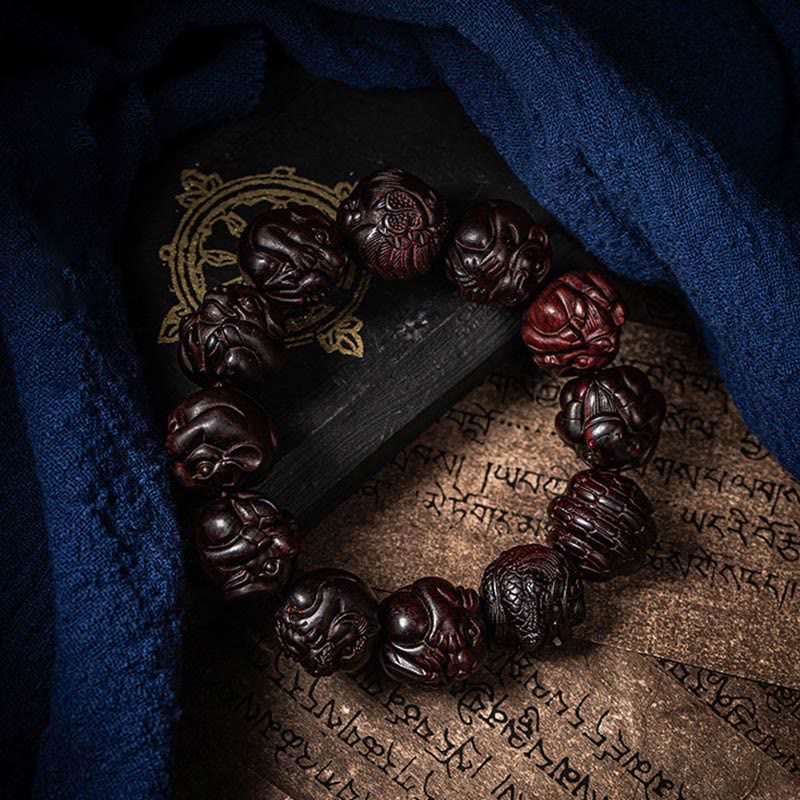 Karma Stone Chinese Zodiac Engraved Small Leaf Red Sandalwood Protection Bracelet